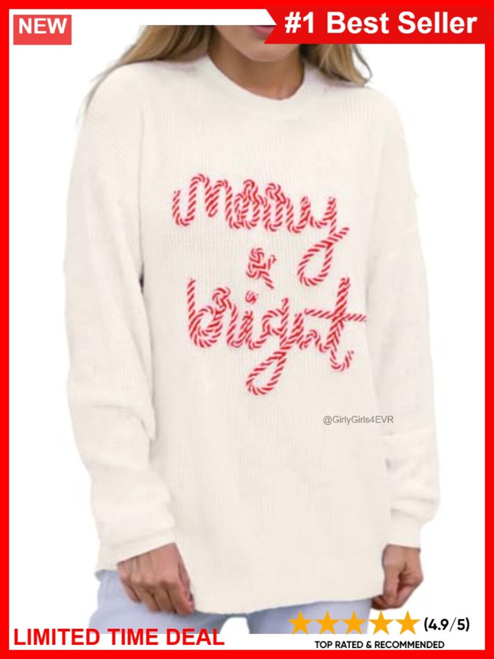 Women's Christmas Crewneck Pullover Sweater Merry Bright Embroidery Knit